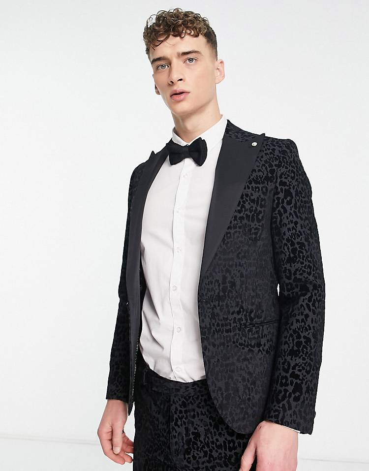 Twisted Tailor helfand skinny suit in charcoal with flocked leopard print